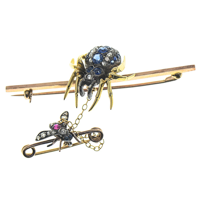 Diamond Sapphire Ruby Spider Fly Double Brooch Auction